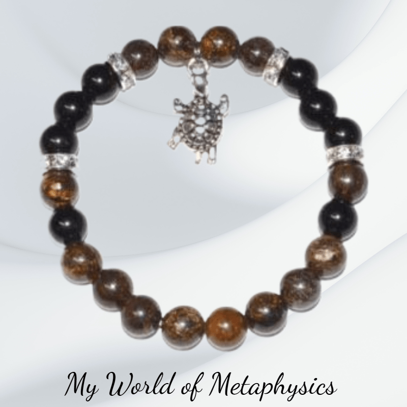 8mm Bronzite & Rainbow Obsidian with Turtle
