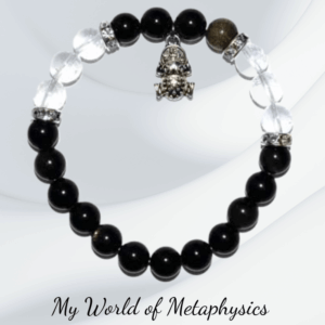 8mm Goldsheen Obsidian & Quartz bracelet with frog